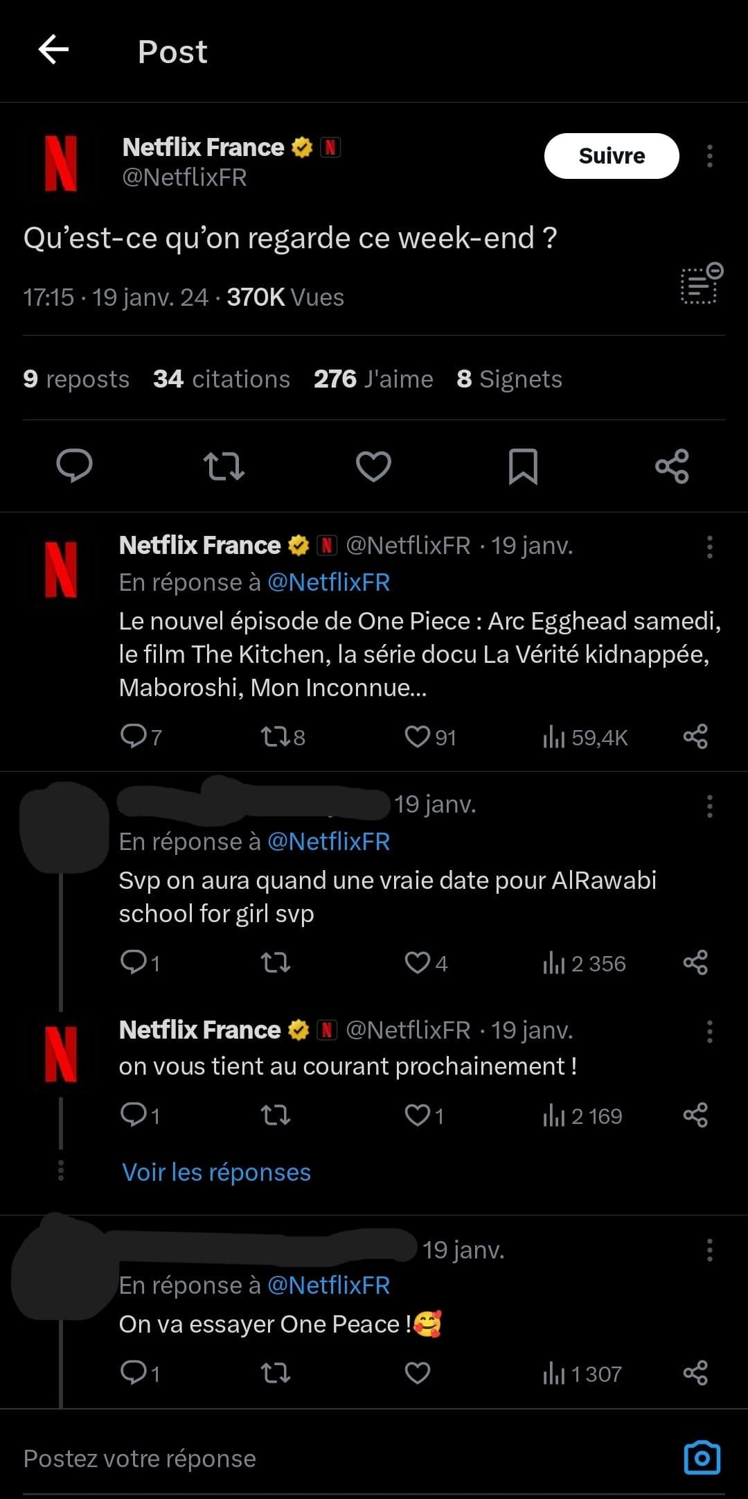 Capture d'écran d'un post Netflix France sur X pour e-réputation.