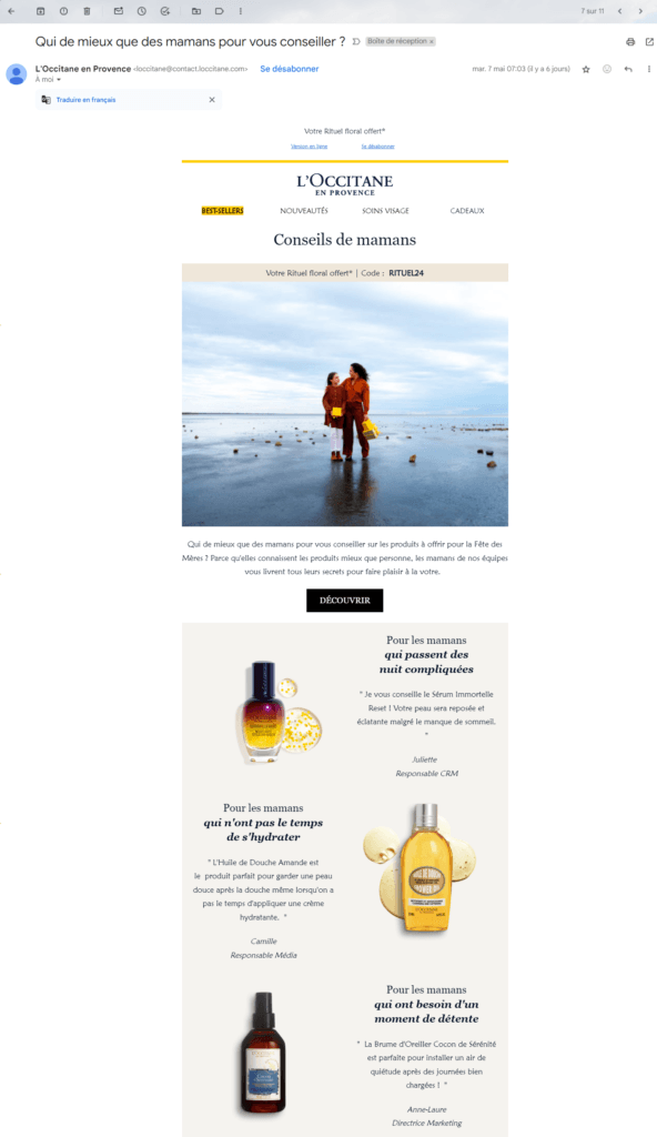 Exemple d'un email promotionnel envoyé par l'Occitane pour la fête des mères en France.