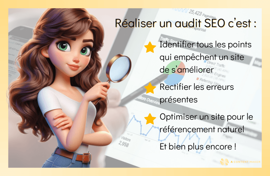Image récapitulant les bienfaits d'un audit SEO. Réalisée par A Content Maker.