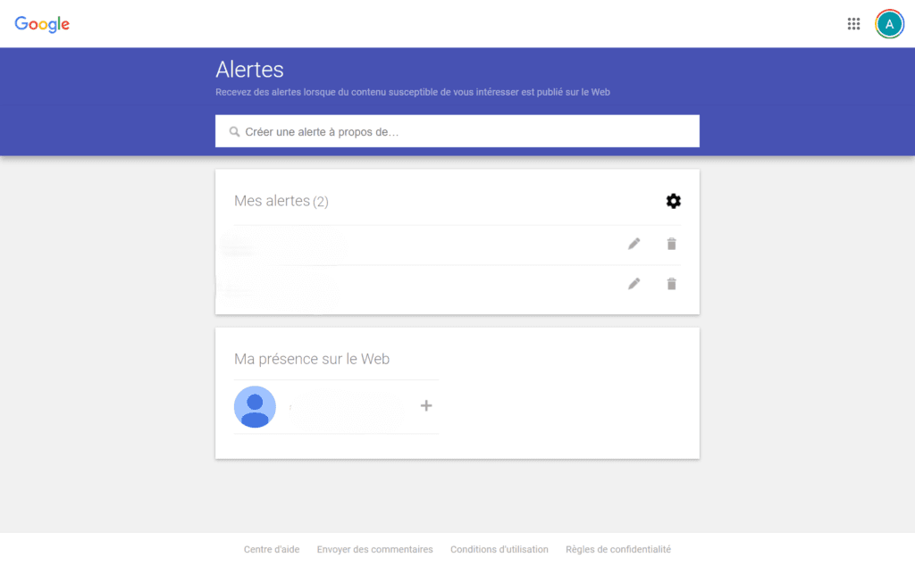 Capture d'écran de l'accueil de Google Alerts pour surligner la simplicité d'utilisation de cet outil. L'idéal pour gérer sa e-réputation sans prise de tête.
