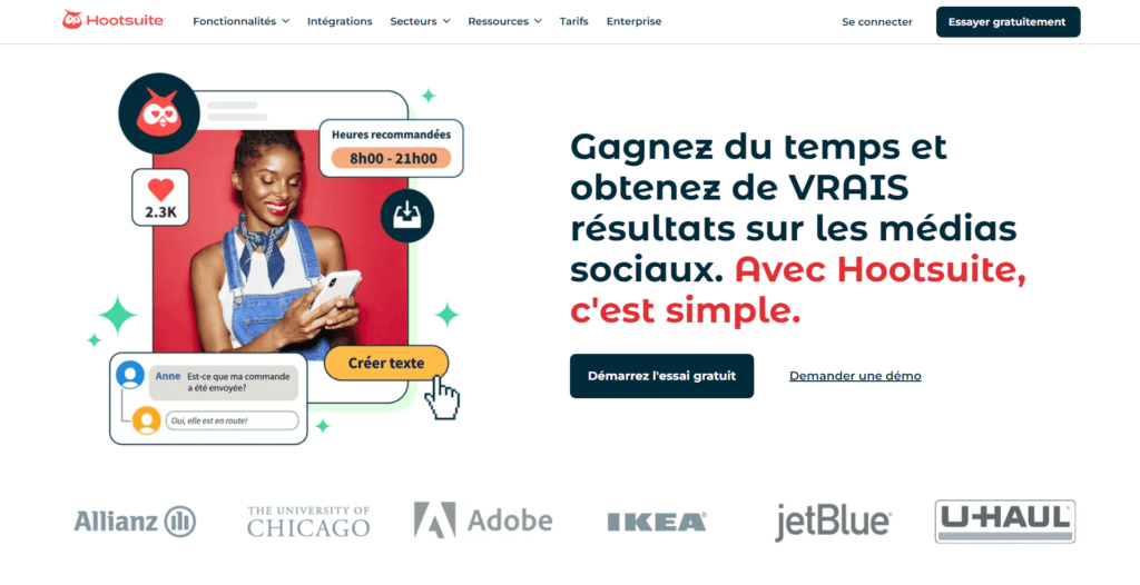 Capture d'écran de la page d'accueil de Hootsuite, l'outil parfait pour gérer sa e-réputation sur les réseaux sociaux.