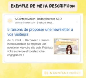 Exemple d'une meta description dans le moteur de recherche Google.