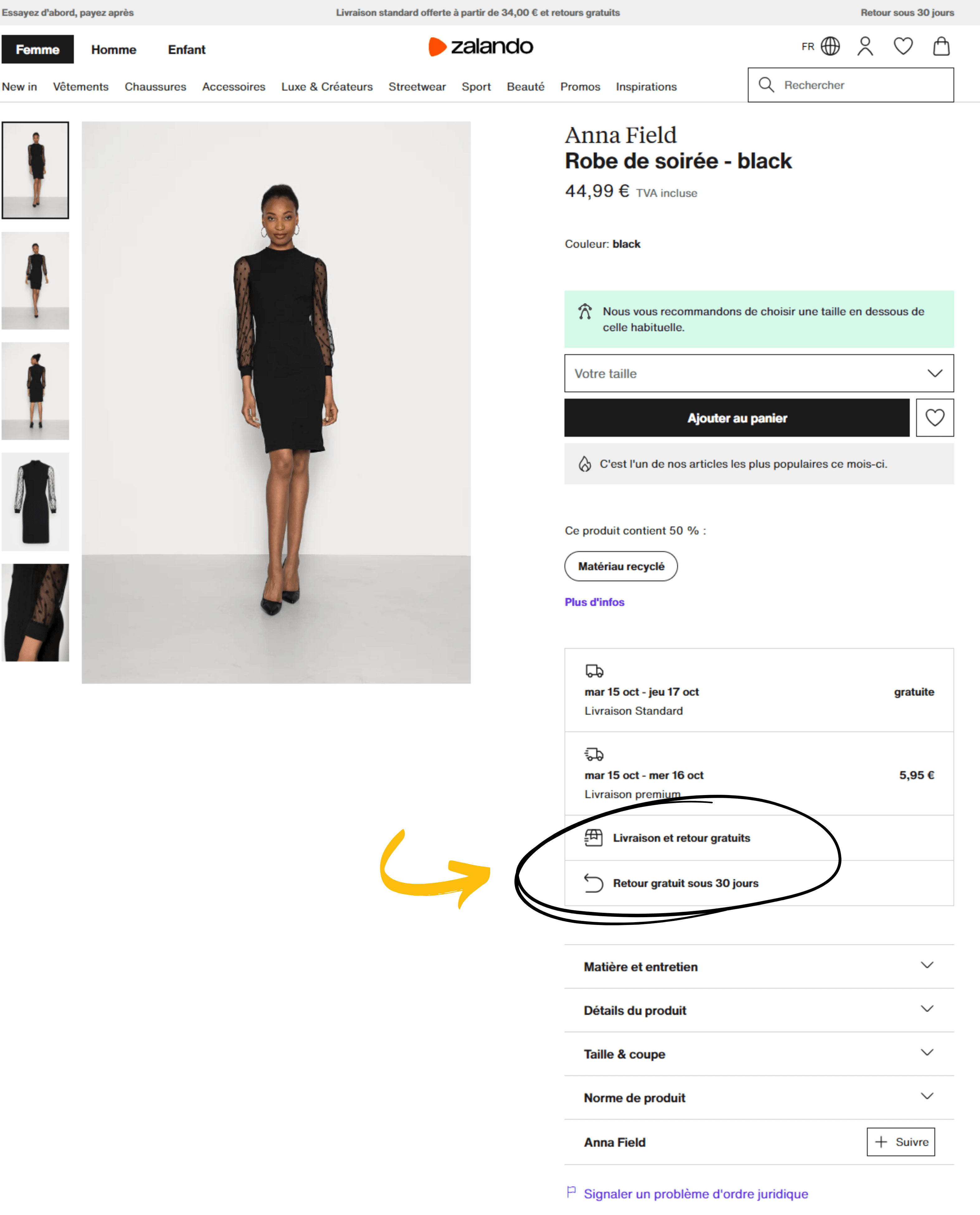 Capture d'écran d'une fiche produit sur le site de Zalando qui met en avant sa politique de retour.
